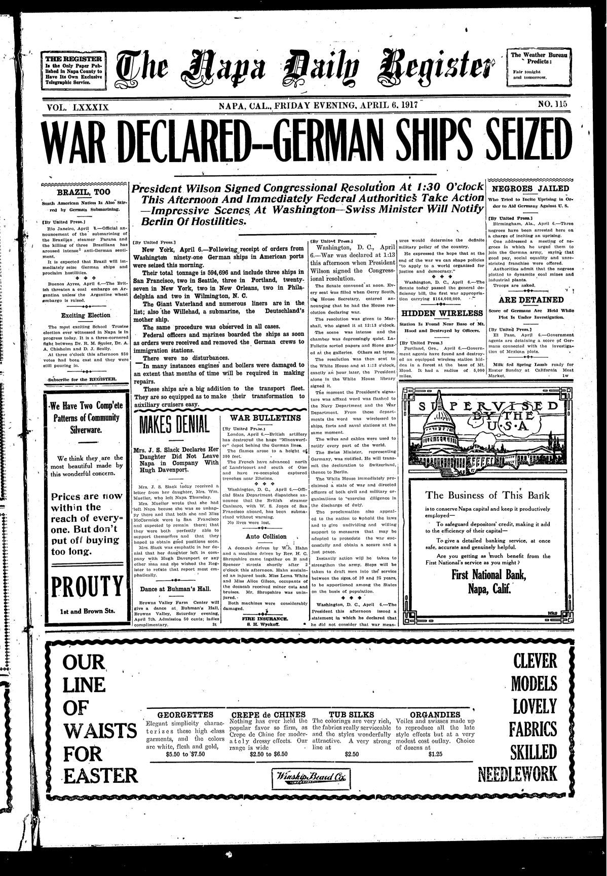 U.S. enters World War I, April 6, 1917